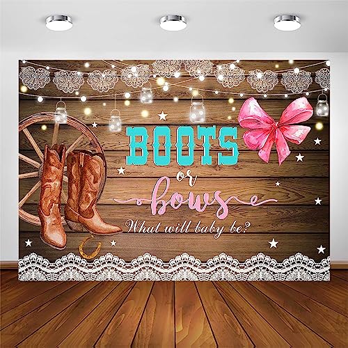 Avezano Boots or Bows Gender Reveal Backdrop Rustic Wooden Cowboy Boots Gender Reveal Party Decorations Boy or Girl Baby Shower Photography Background Cake Table Banner (6x5ft)