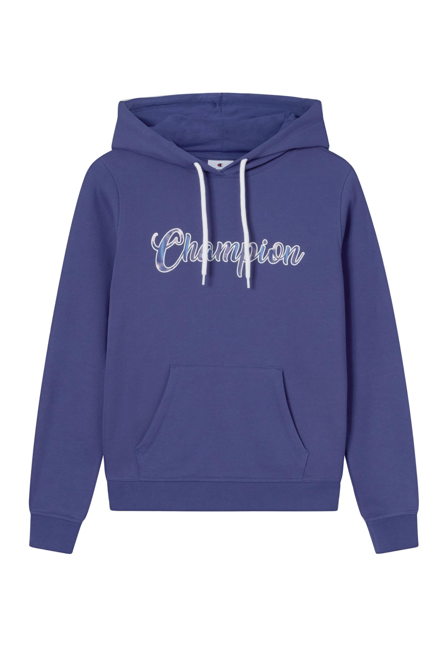 Champion Women's fleece hoodie, rib cuff and hem, front kangaroo pocket, hood with adjustable drawcords, graphic logo Blue