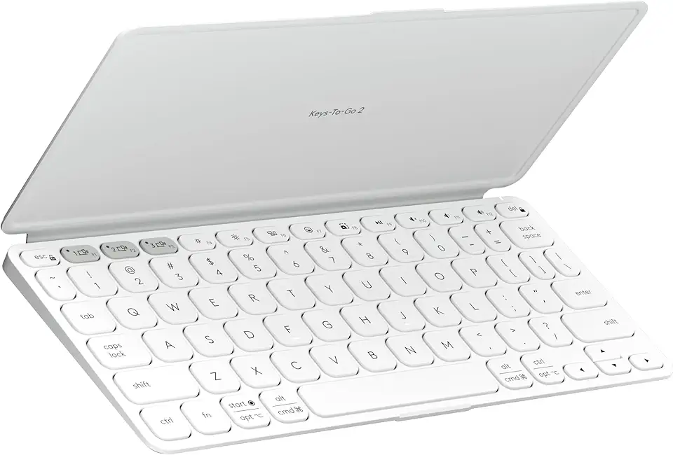 Teclado Sem Fio Portátil Logitech Keys-To-Go 2 para Tablets, iPad, iPhone, macOs e Windows, com Capa Integrada, Conexão Bluetooth e Easy-Switch para até 3 Dispositivos - Cinza Claro