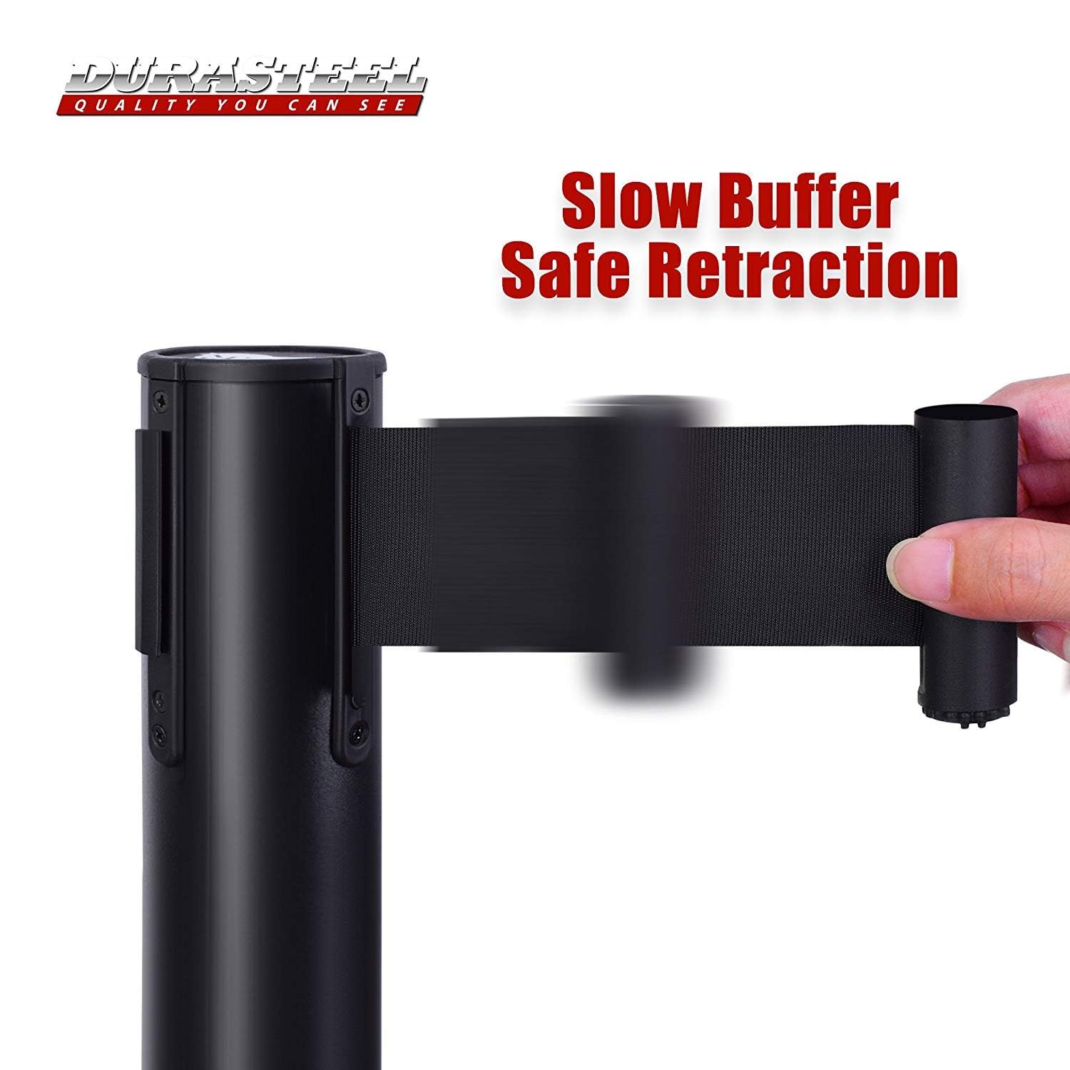 DuraSteel Black Crowd Control Barriers Stanchions with Retractable Belts - Metal Stanchion Posts w/ 6.5ft Black Retractable Barrier Belt Ropes - Queue VIP Safety Line Dividers - Set of 2 Stantions