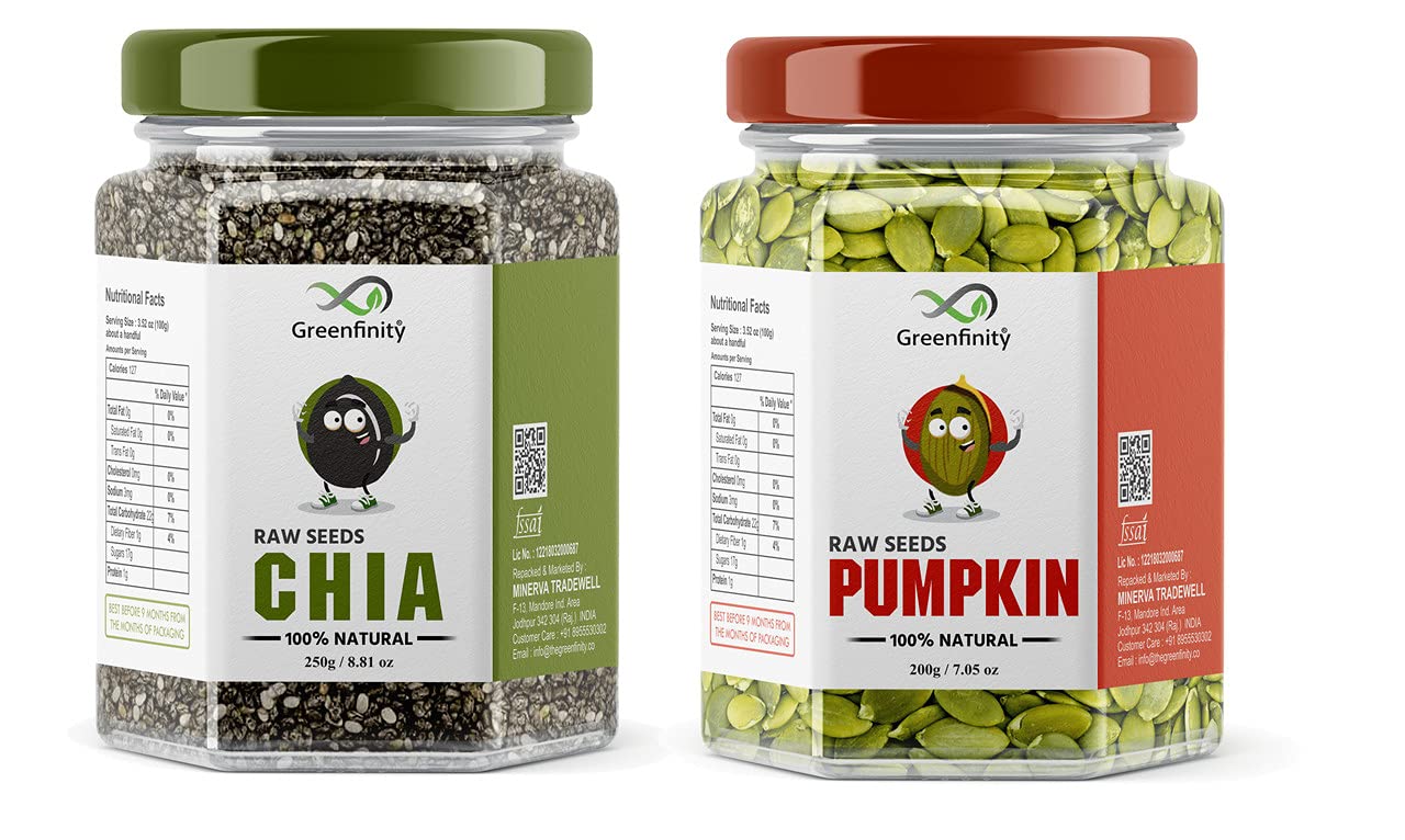 GreenFinity Raw Chia Seed + Raw Pumpkin Seeds Superfood and Antioxidants Pepita |Chia Seeds - 250Gms, Pumpkin Seeds - 200 g (Pack of 2) (B09G9R4Y42) Amazon Price History, Amazon Price Tracker