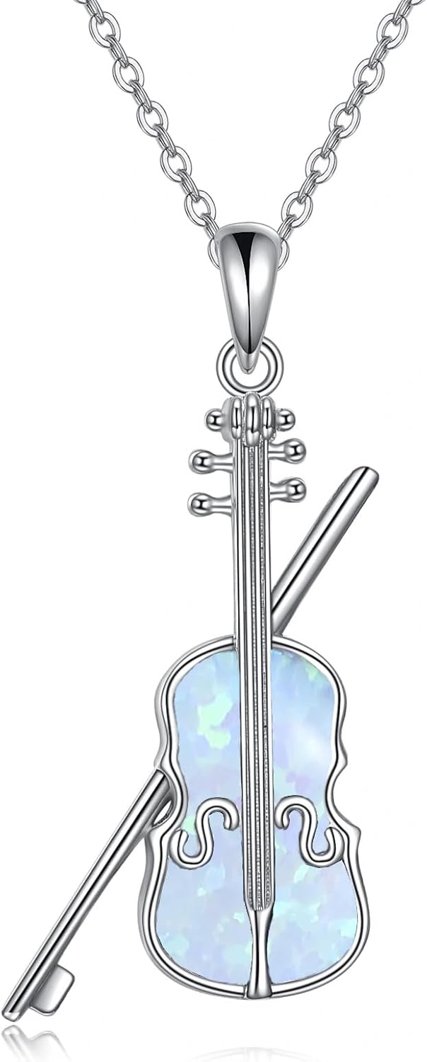 YAFEINI Sterling Silver Violin and Violin Bow Pendant Necklace with Opal Stone - Music Jewelry Gift for Women Violinists