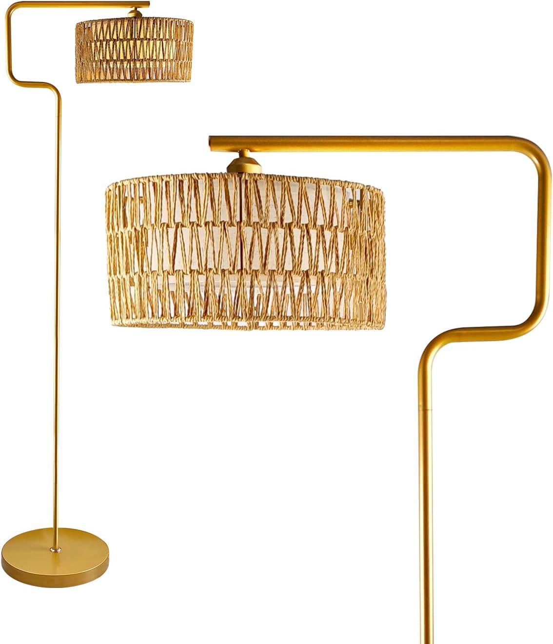 Lightdot 62IN Arc Rattan Floor Lamps for Living Room, Boho Standing Lamp with Rattan& Linen Double Lampshades, E26 3000K Soft Warm White Bohemian Caged Floor Lamp for Bedroom, Office-Gold