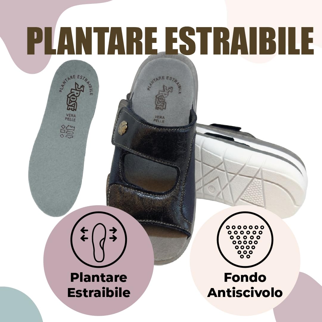 3Rose 311 Ciabatte Donna con Doppia Fascia in Microfibra Elasticizzata - Pantofole Casa e Fuori, Chiusura a Strappo Regolabile - Anatomico, Tacco 3,5 cm - Plantare Estraibile Vera Pelle