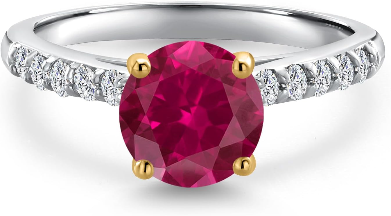 Gem Stone King 10K Two Tone Gold Gemstone Birthstone and White Lab Grown Diamond Engagement Ring For Women | Round 7MM and 1.7MM | Wedding Anniversary Promise Ring | Sizes 5, 6, 7, 8, 9 - Image 3