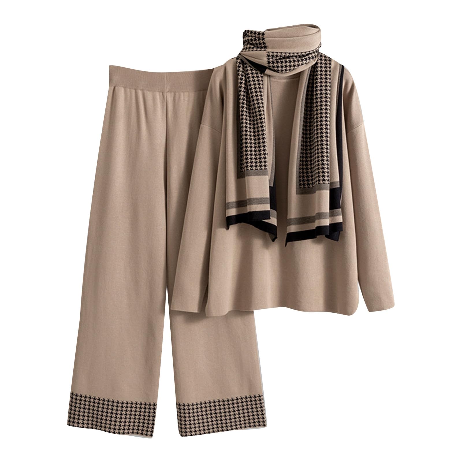 2025 Completo in Maglia Donna Elegante 3 Pezzi Lana Polsino Elastico Tute Maglione Maniche Lunghe e Pantalone Vita a Gamba Larga Tuta Autunno Invernale Set Lavorati Larghi con Sciarpa Morbido