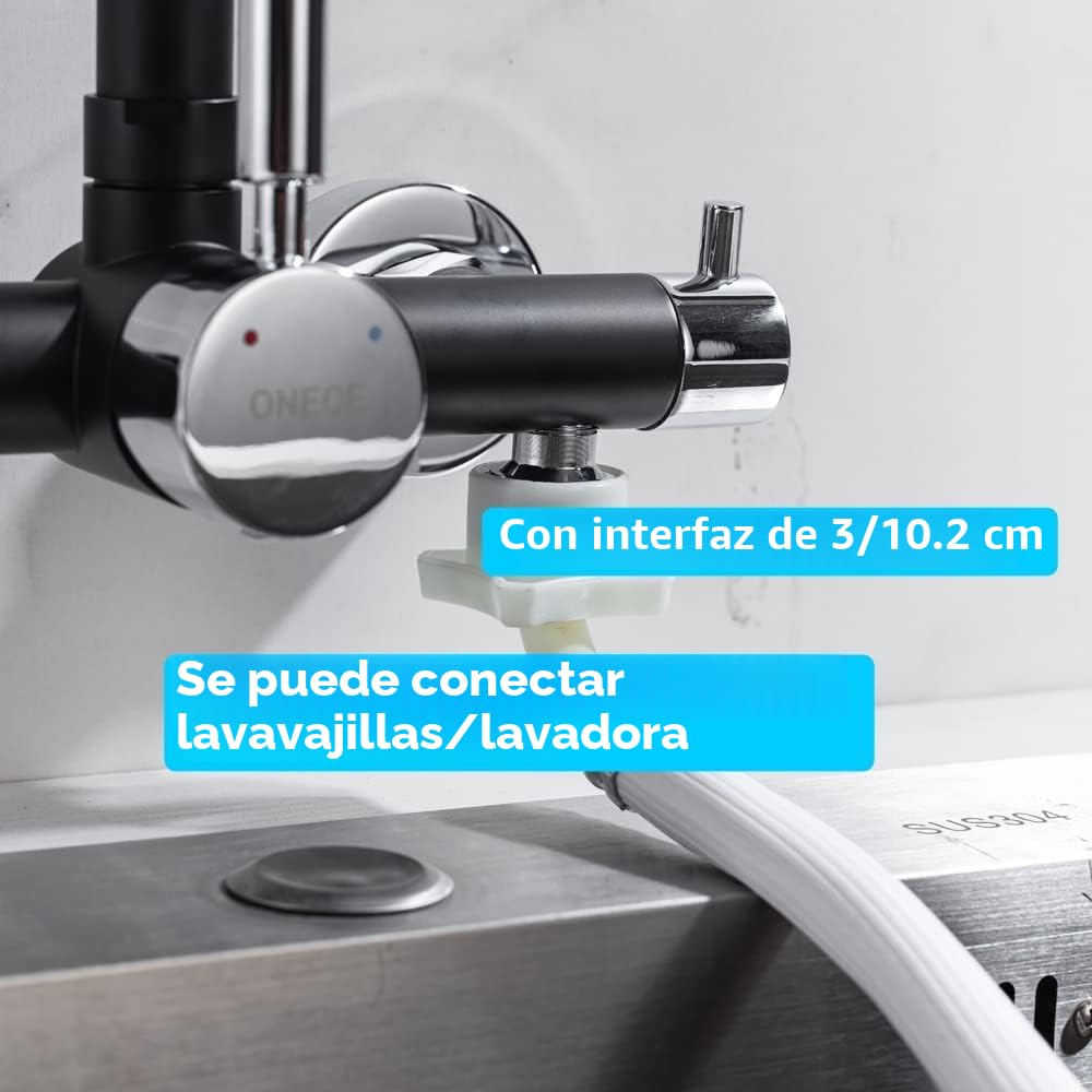 ONECE Grifo Cocina de Pared con 2 Modos, con Interfaz de Lavavajillas/Lavadora 3/4", Mezclador con Rociador de Caño Giratorio, Grifería Monomando Rotación de 360°, Acero Inoxidable 304, Negro
