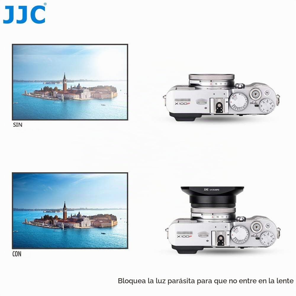 JJC Parasol cuadrado de metal con tapa de capucha para Fujifilm X100 Series y X70 | Capucha reversible de aluminio anodizado negro con tapa de lente deslizante, se adapta a filtro de 49 mm de diámetro