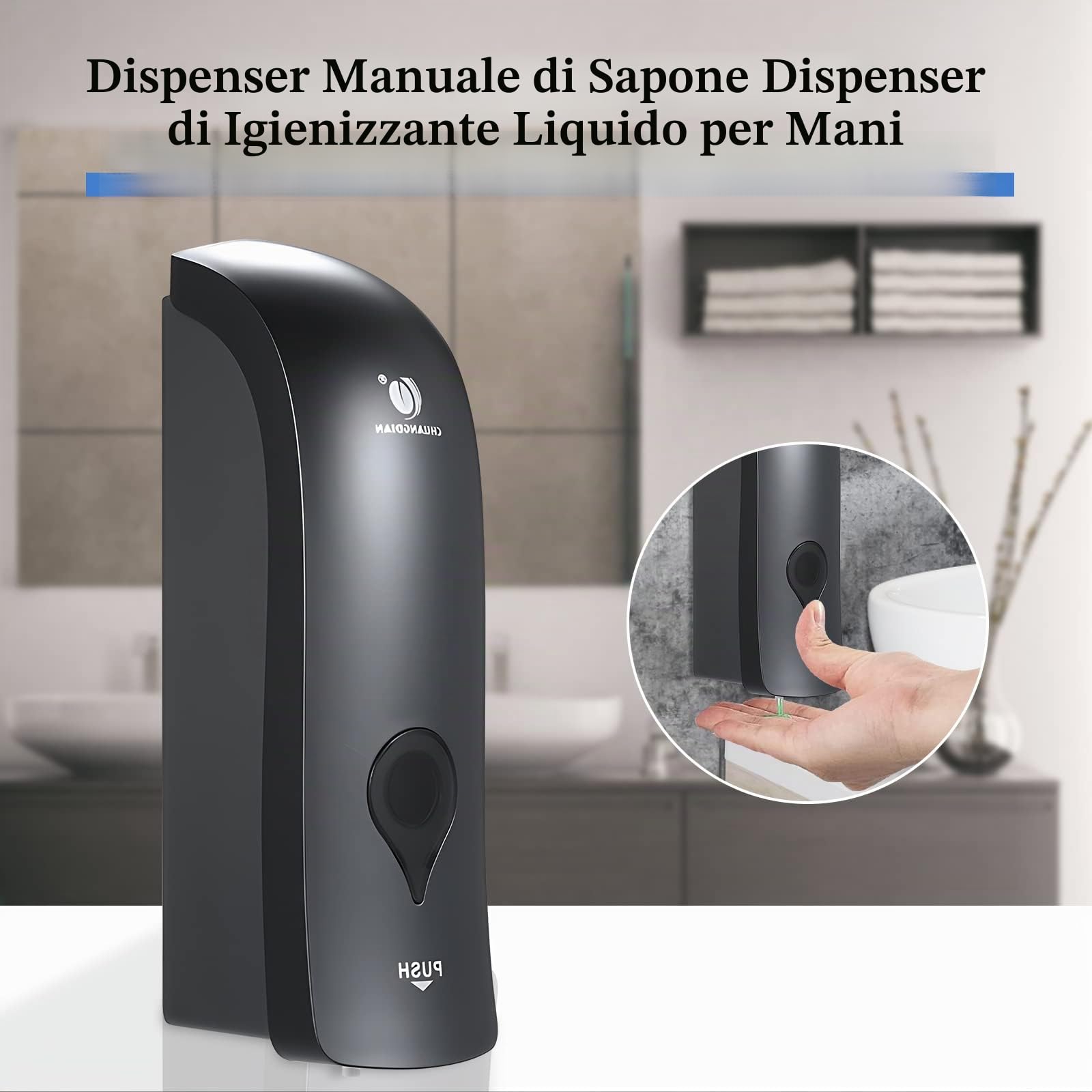300ml Dispenser Manuale da parete per Sapone, shampoo e condizionatore, Quadrato, Nero
