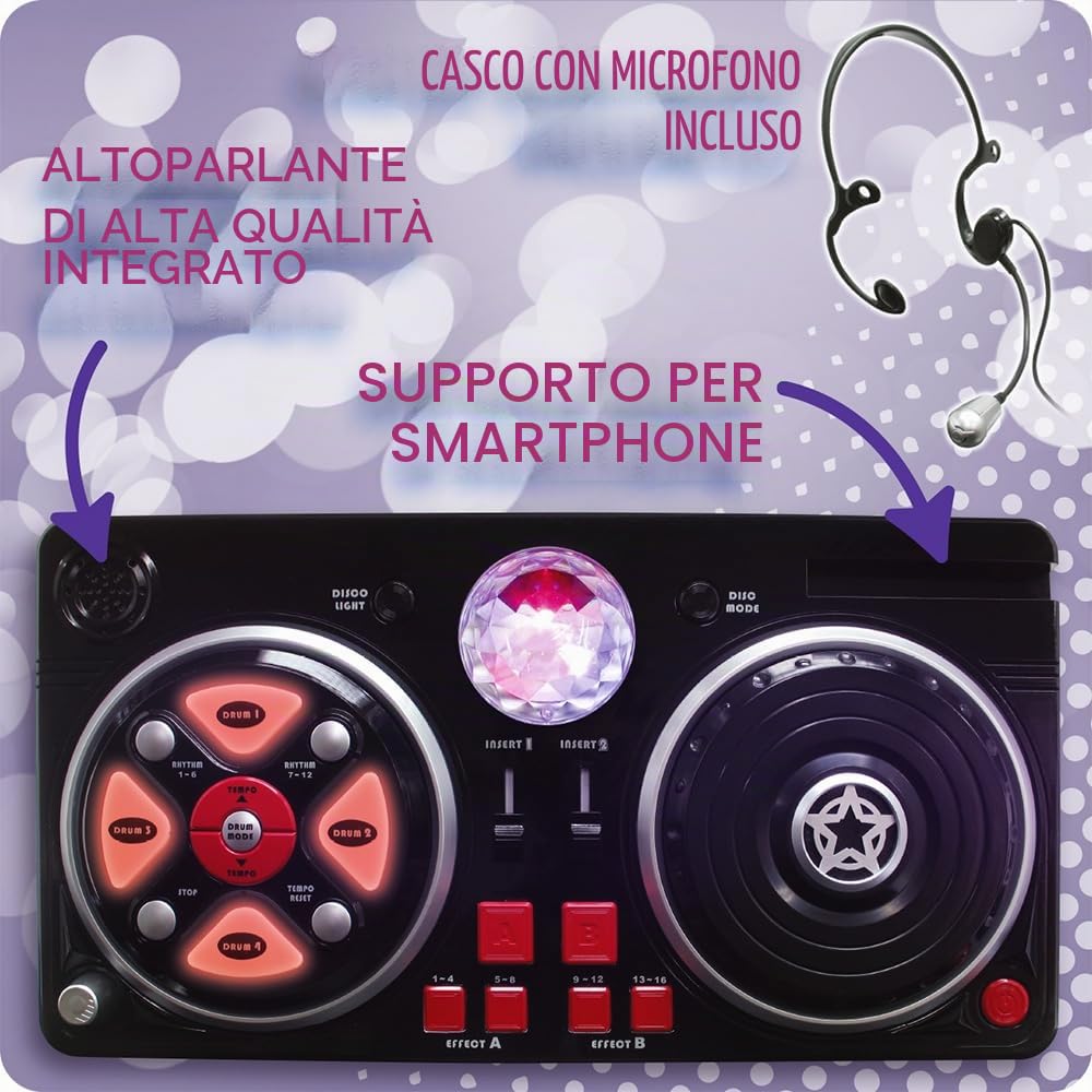 DEQUBE - 916D00040, Mixer per DJ con varie basi ed effetti, include la palla da discoteca lampeggiante, nero, medio (916D00040)