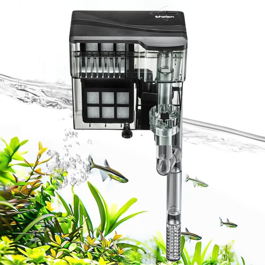 Cherlam Ultra Quiet Premium Hang On Back Filter for Planted Aquarium Fish Tank with Surface Skimmer by Petzlifeworld (6 Watts)