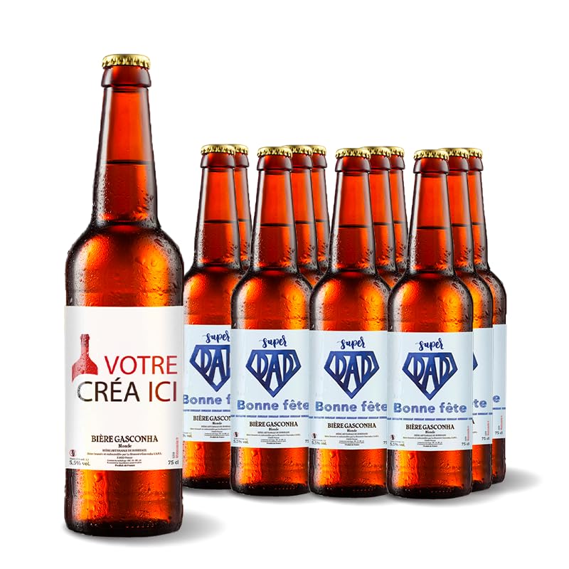 Lot 15 bières Brasserie Gasconha avec Caisse Bois - Coffret degustation biere avec etiquette bouteille personnalisable pour prénom, logo, message… [ Coffret biere blonde ]