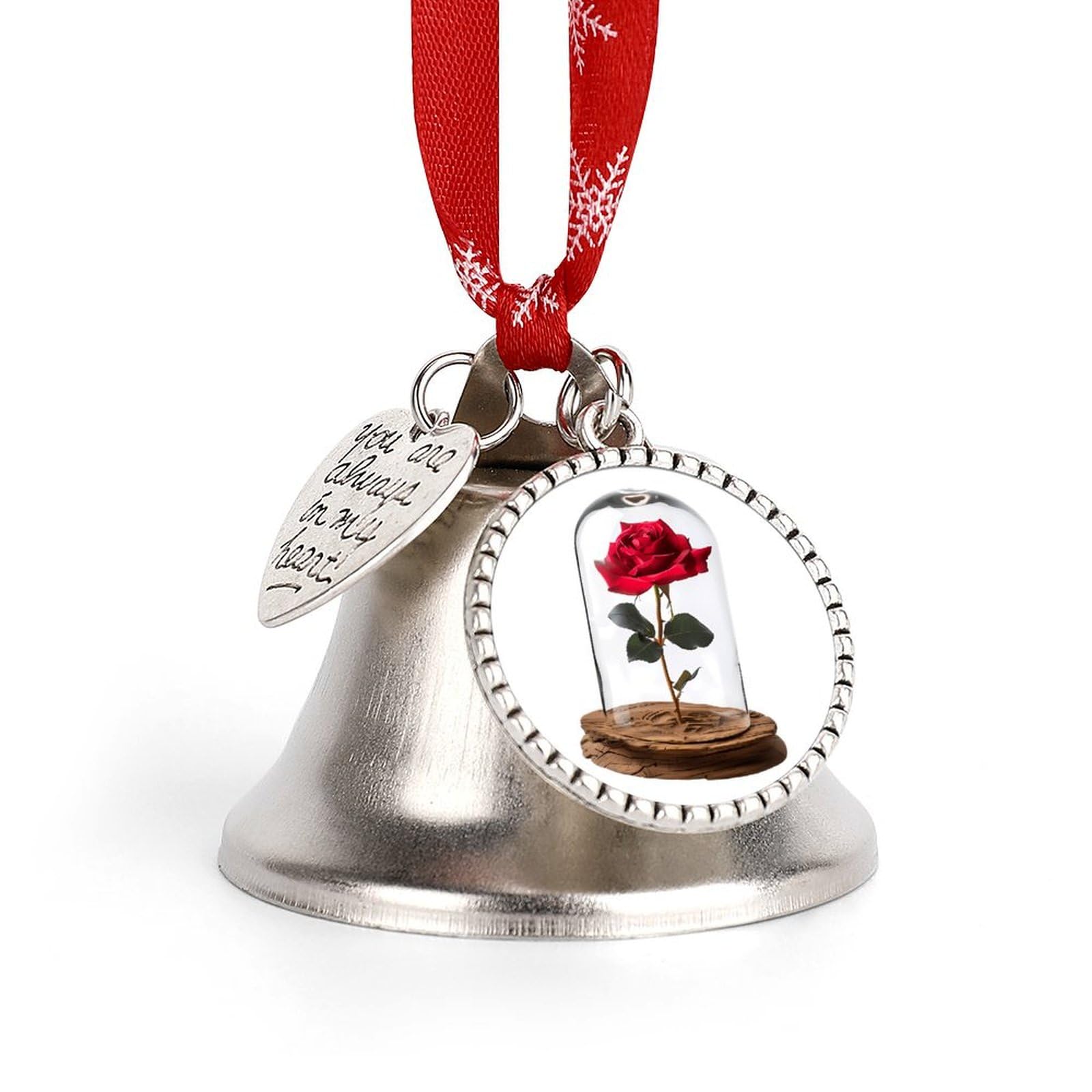Red Rose Glass Dome Funny Christmas Bell Ornament Cute Xmas Tree Hanging Pendant Decoration for Holidays Party