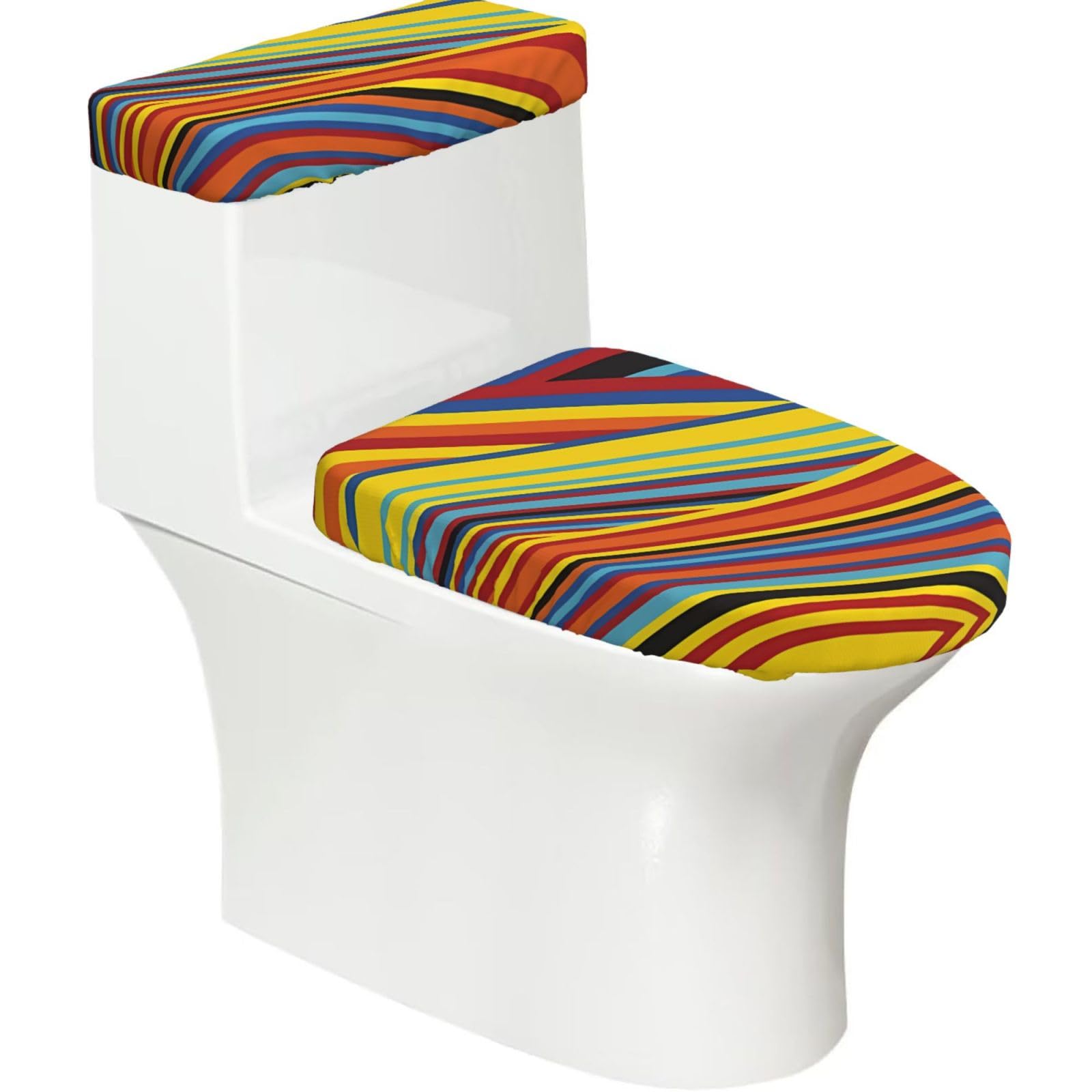 Mrowyc Black Colorful Stripes Printed Toilet Seat Set - Set Of 2 - Universal Toilet Seat Cover - Housewarming Birthday Christmas Gift