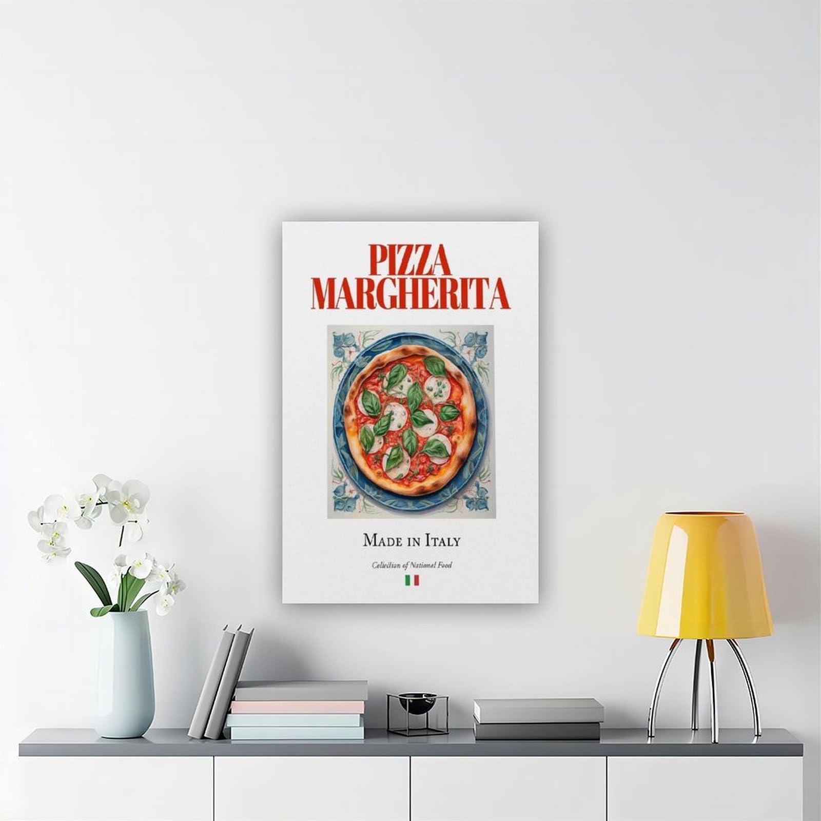 Pizza Margherita auf Maiolica Fliesenteller, Leinwand, Poster, Schlafzimmer, Dekoration, Landschaft, Büro, Raumdekoration, Geschenk, 61 x 91,4 cm (L x B)