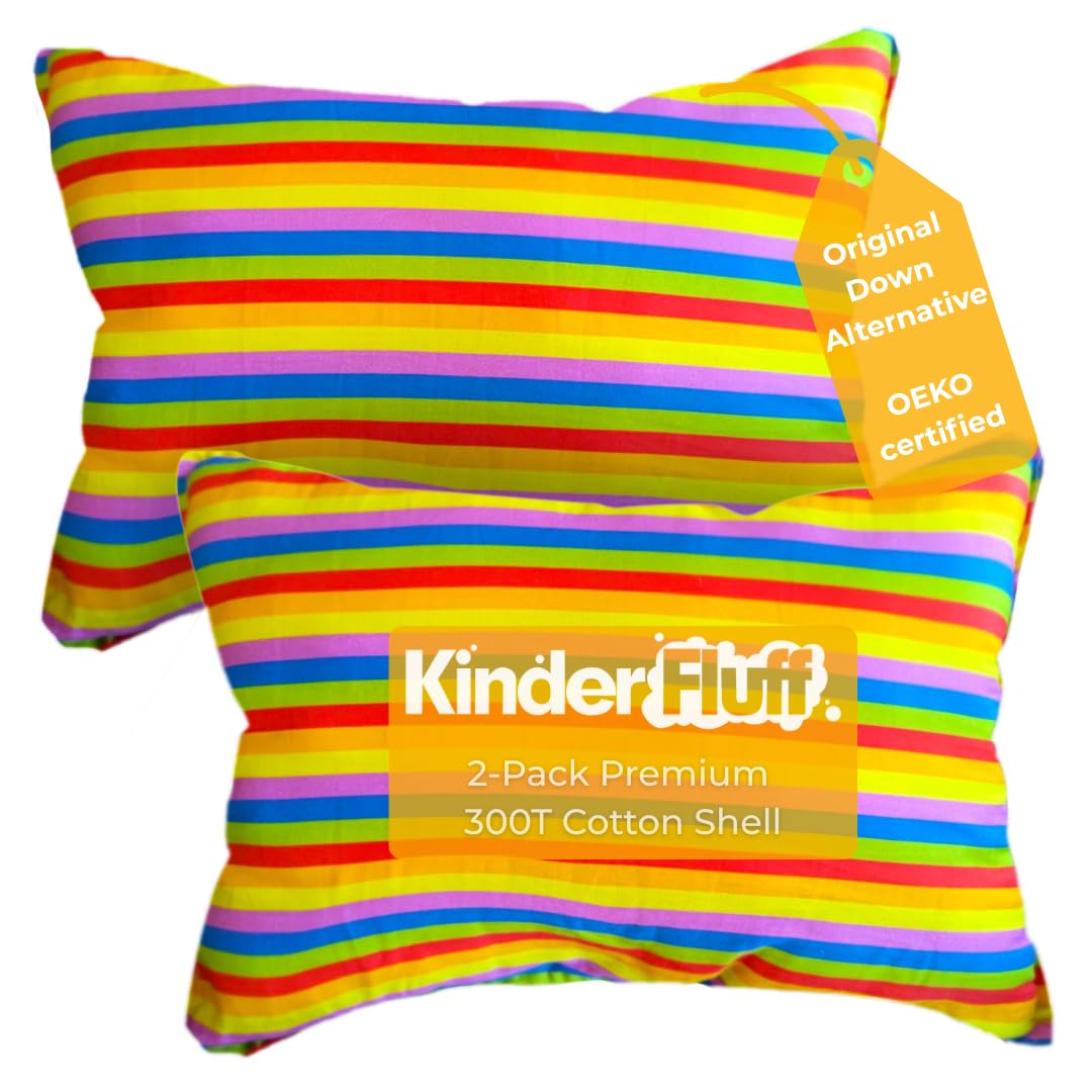 kinder Fluff Toddler Pillow 2-Pack 13x18in Small Pillow for Kids Age 2 Bright Rainbow Design 100 Cotton Sateen