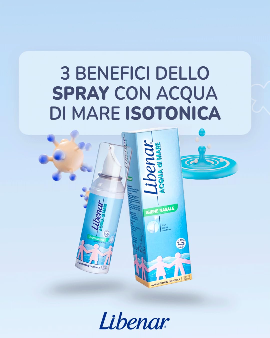 Libenar Spray per Igiene Nasale, Soluzione Isotonica con Acqua di Mare per Adulti, Bambini e Neonati, Adatto per l'igiene quotidiana del naso, Punta Morbida, Getto Delicato, 100 ml