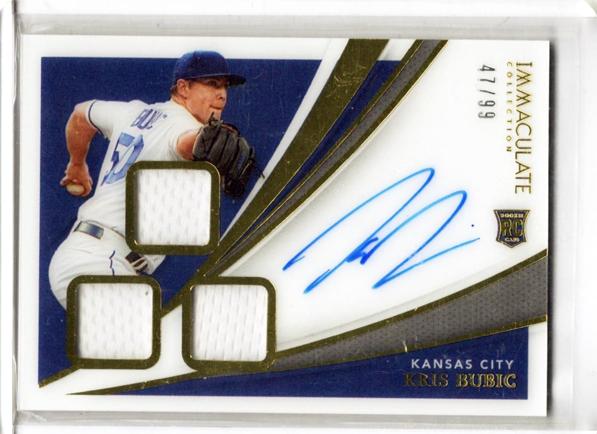 Kris Bubic Serial Numbered #47/99 Autographed Blue Parallel Triple Relic Jersey Memorabilia Game Used Rookie Card Immaculate Collection Special Insert Collectible Baseball Card - 2021 Panini Immacualte Collection Baseball Card #RTS-KB (Royals)