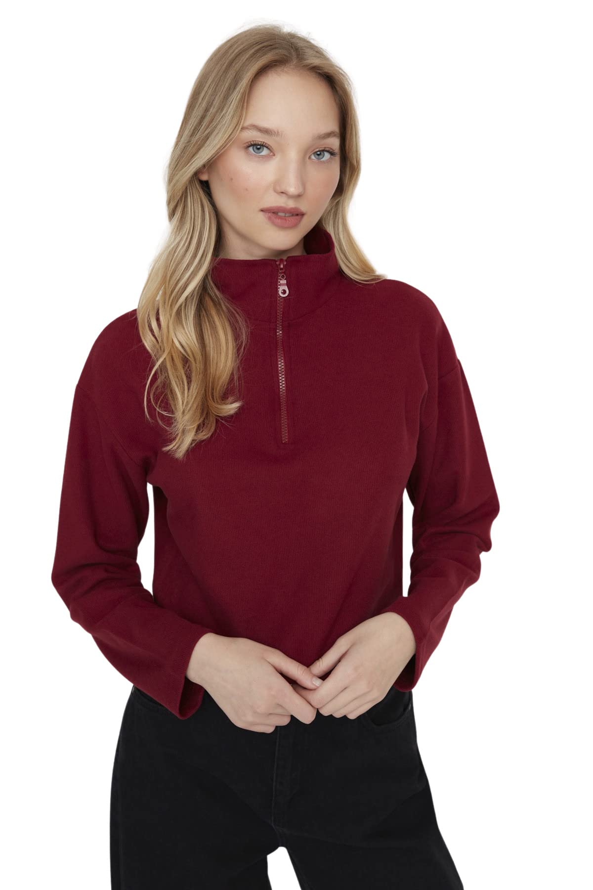 Trendyol Collection Damen Bordeaux Rotes Strick-Sweatshirt „Thessaloniki“ In Strickoptik Mit Reißverschlusskragen Und Normaler Passform Für - Klein