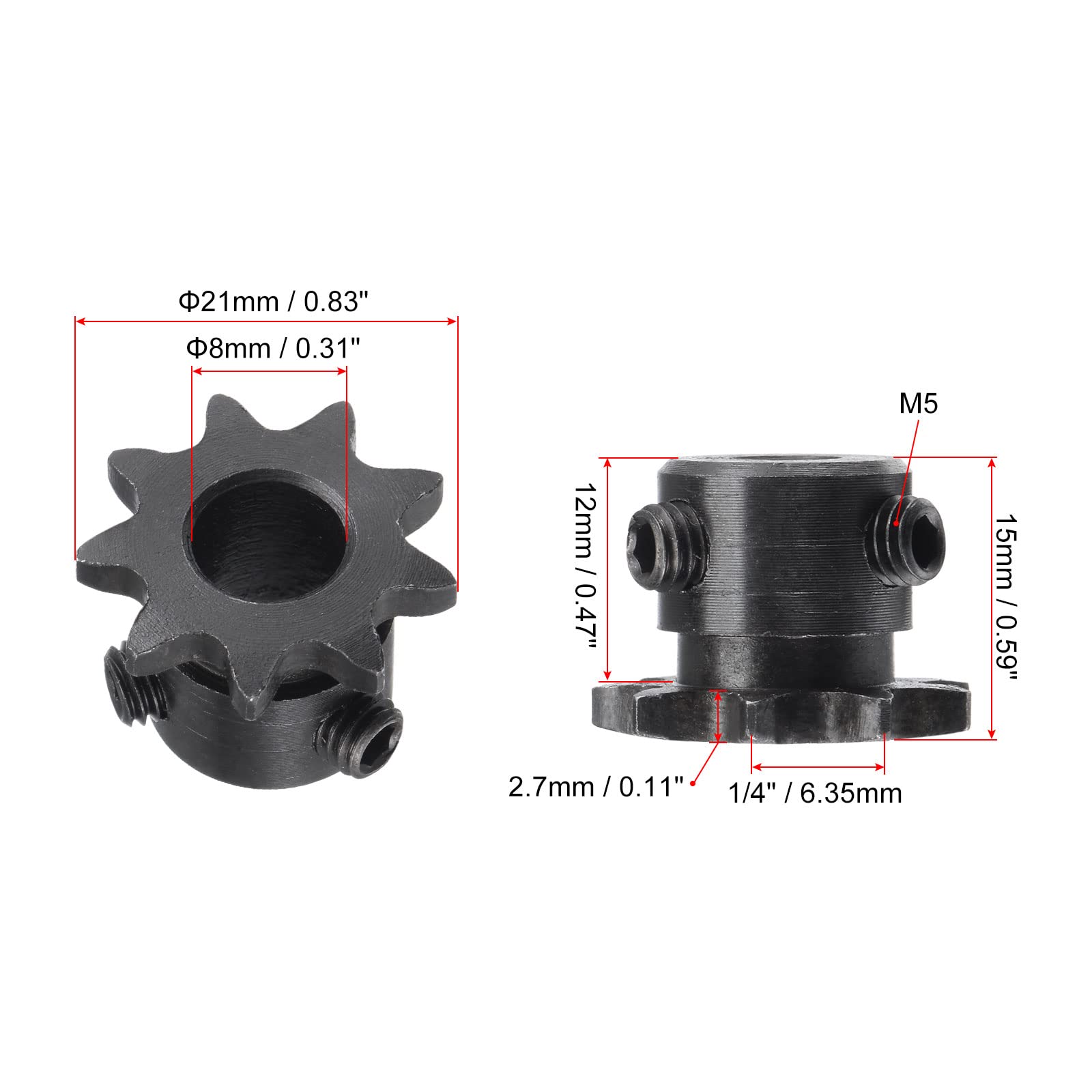 2 Pignons De Chaîne #25 Acier Carbone C45 - 9 Dents, Alésage 8 Mm, Pas 1/4 - Compatible Chaîne ISO 04C - Avec Vis