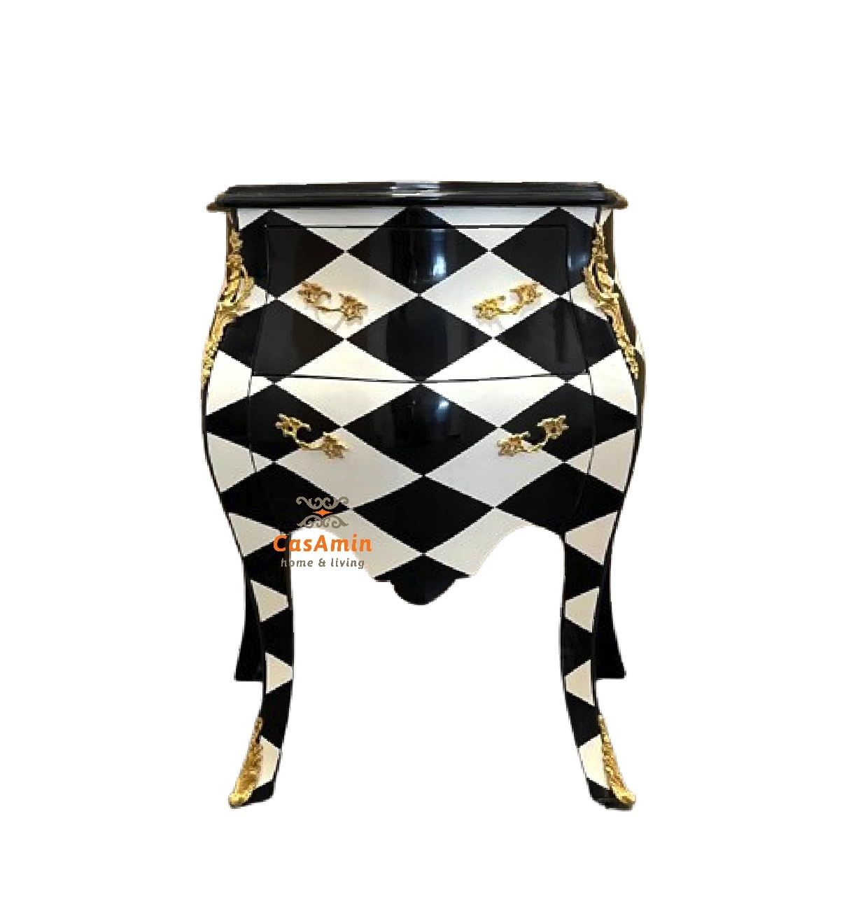 Table de chevet rétro baroque CasAmin en bois noir et motif losanges