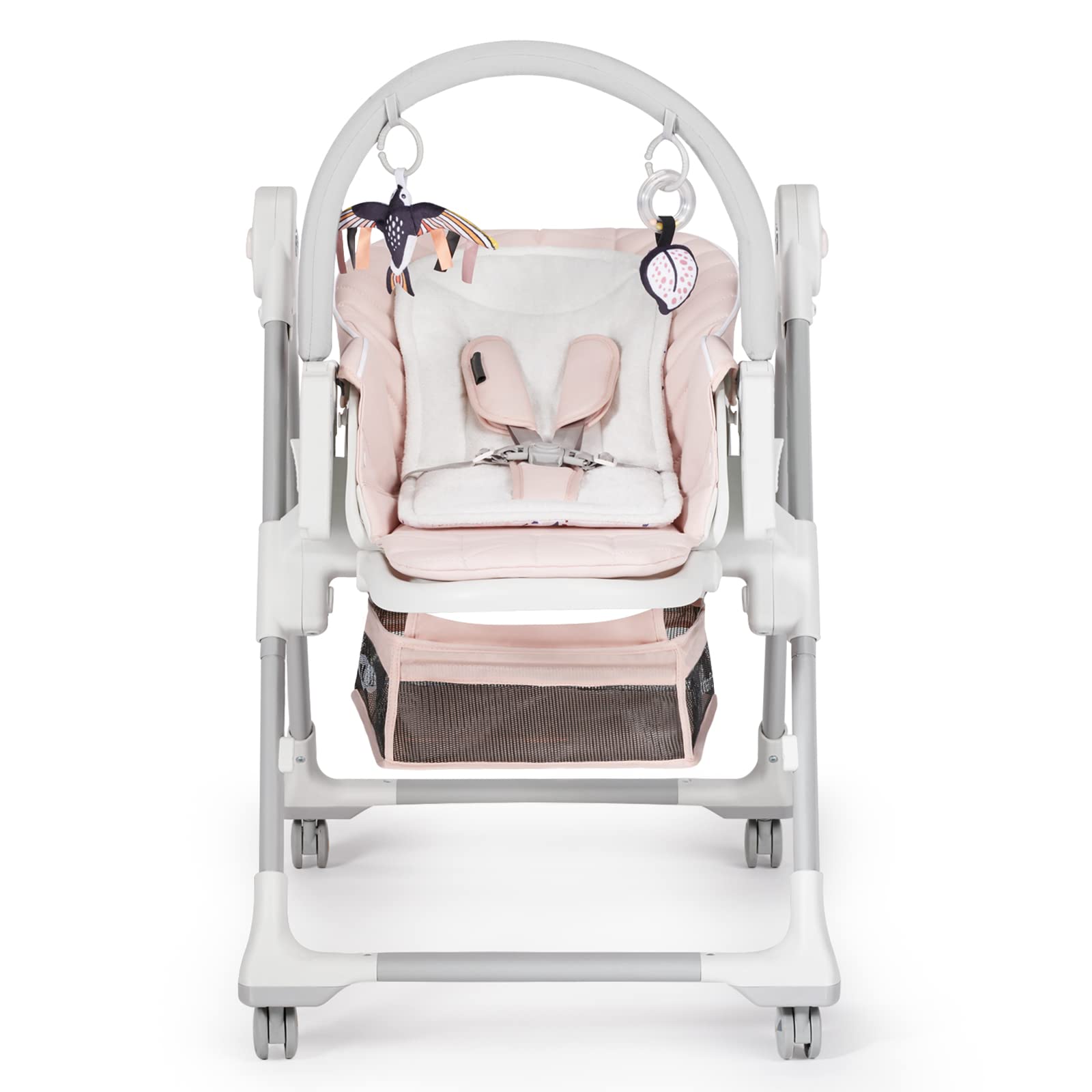 Kinderkraft LASTREE Trona Bebé de madera evolutiva plegable, Hamaca para bebés con Arco 2 juguetes, Asiento reposapiés ajustable, Posición tumbada, Rosa