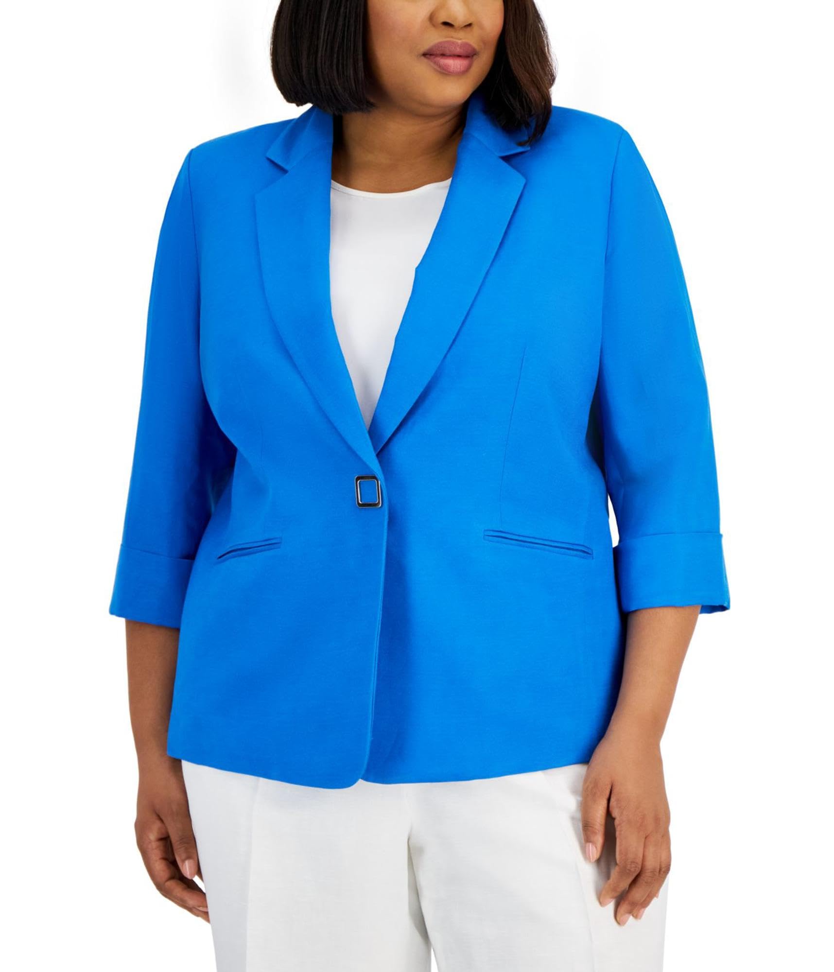 Kasper Womens Linen-Blend Blazer Jacket Blue Plus Size 16W