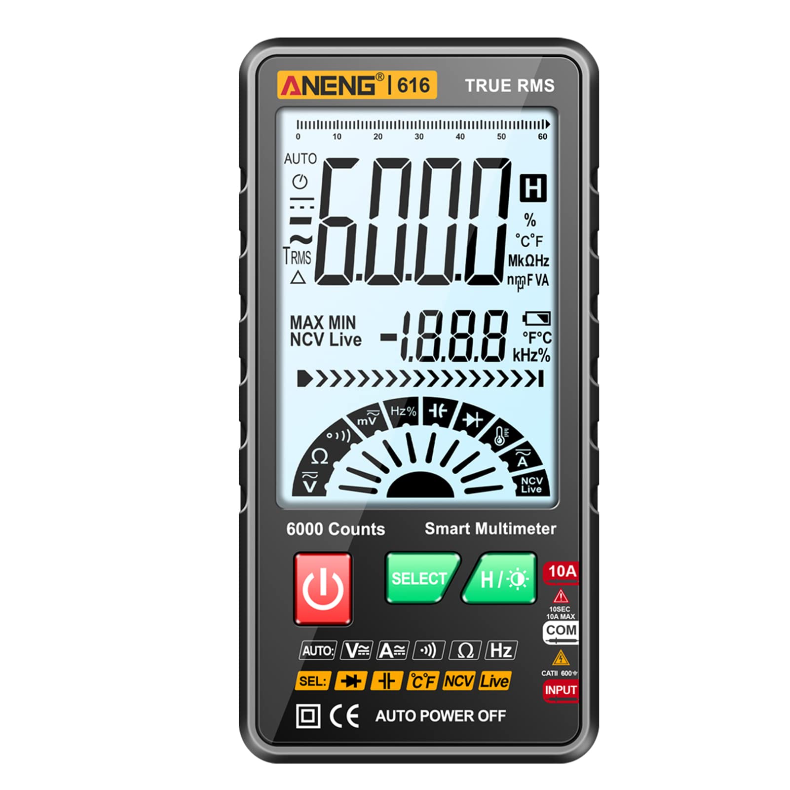 Daconovo 616 Smart Digital Multimeter front view with display showing 6000 counts and various measurement icons.