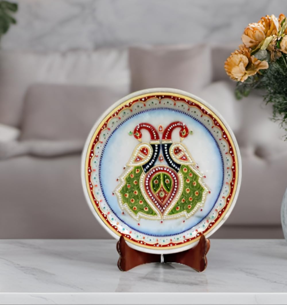 Purpledip Marble Painting Peacock Couple: Hand Painted Plate with Gold Work & Beads, 9x9 Inches (12095)