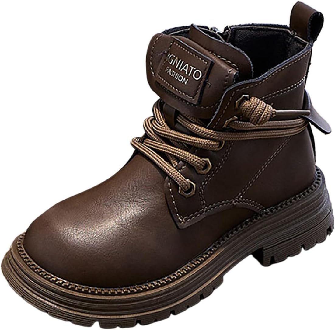 IWIHMIV Kids Hiking Short Boots Outdoor Lace-up Comfortable Non Slip Ankle Boots with Side Zipper