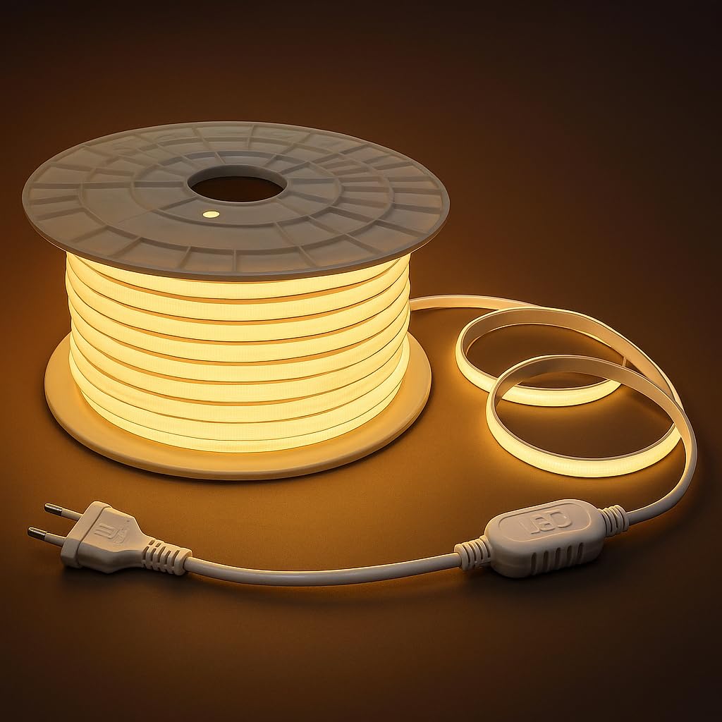 Tira LED 100 METROS 230V, Luz Cálida 3000K, IP65 | No necesita fuente de alimentación, 288 LEDs/m, Impermeable,exterior, Cortable cada 50 cm, Incluye Cable