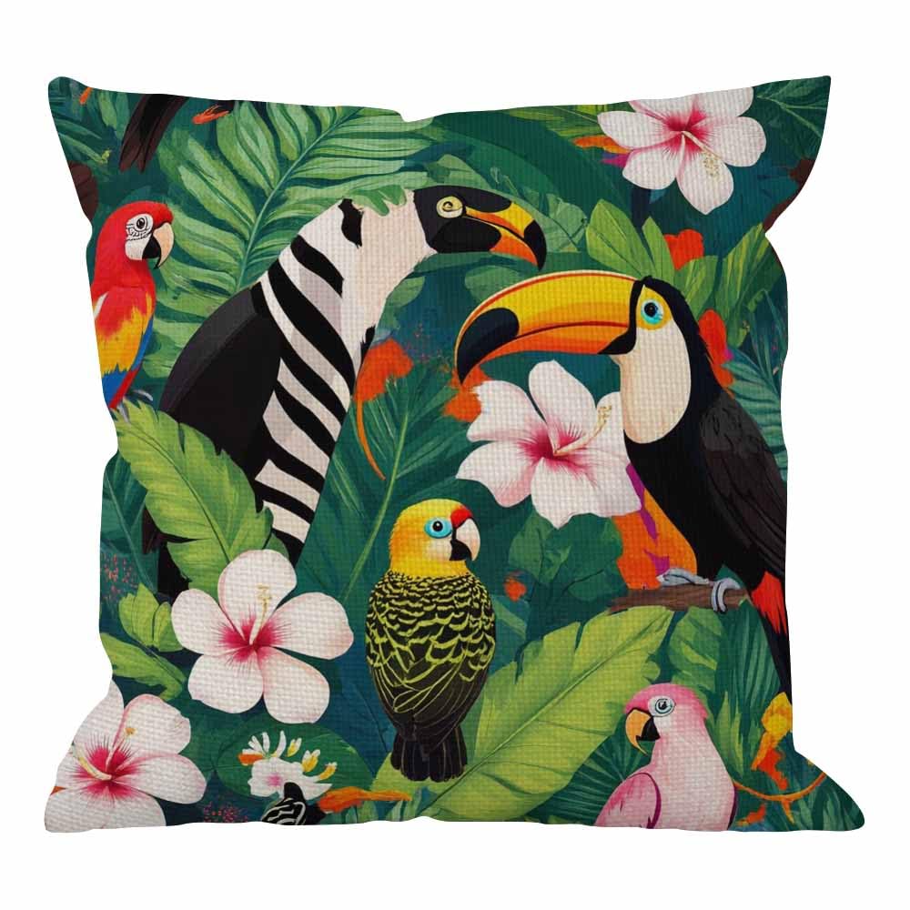 HGOD DESIGNS Parrot Pillow Covers Decorative Tropical Bird Toucan Leaves and Hibiscus Flowers Cotton Linen Square Pillow Case for Men/Women/18x18 inch Green Red Yellow
