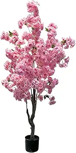 Garveehome Pink Cherry Blossom Tree, 5ft Tall Decorative Artificial Cherry Blossom Tree in Plastic Pot for Indoor Outdoor Home Office Party Wedding Housewarming Gift (Single Pole)