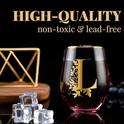 Miniatura 2 de Onebttl Copas de vino únicas sin tallo, copa de vino inicial para vino tinto o blanco, 18 onzas, monogramada, dorada, para mujeres, niñas, mujeres,