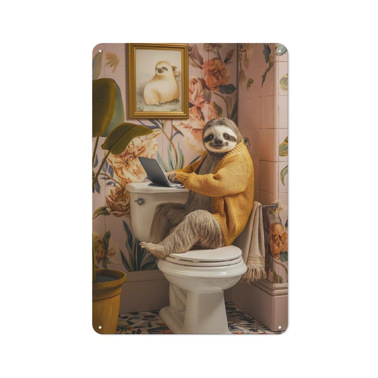 Junmoney Sloth Funny Toilet Laptop Retro Metal Plaque 30X20cm Featuring Bistro Wall Plaque For Bakery, Diner, Cafe Or Family Room