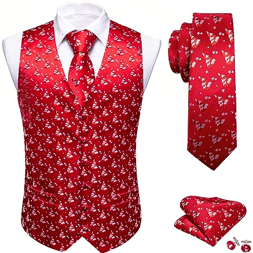 Image of Barry.Wang Mens Red /Green Christmas Suit Vest Holiday Xmas Waistcoat Tie Set Party Tuxedo