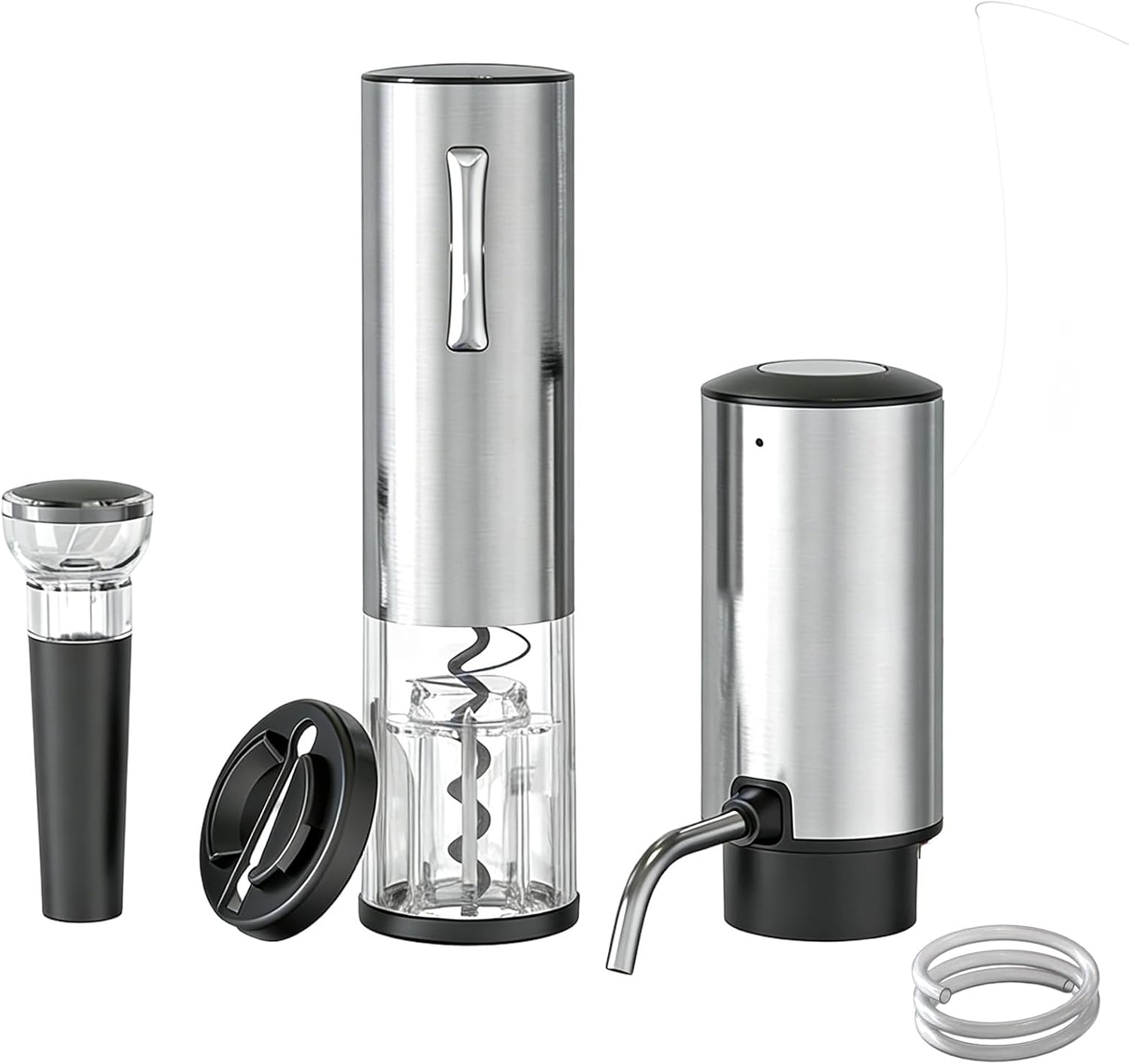 Rechargeable Automatic Wine Decanter Dispenser Set, Electric Bottle Opener, Vacuum Wine Stopper & Foil Cutter, Smart One-Button Aerator, for Home Bar, Parties, Gifts, Silver, Black