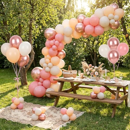 Image of RUBFAC 65pcs 12 Inches Retro Pink Balloons Metallic Blush Rose Gold White Sand Nude Party Balloons with Ribbons for Birthday, Wedding, Baby Shower, Graduation Decorations