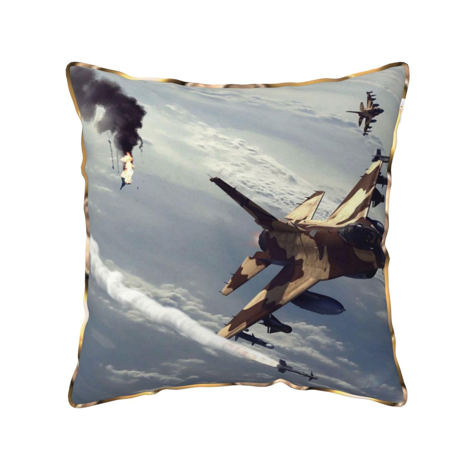 AUBKFELD Aircraft Printed Velvet Cushion Cover 50x50 CM with Gold Edging Strip, Square Pillowcase Soft Throw Pillow Covers Case Decorative for Living Room Sofa Couch Bed Bench