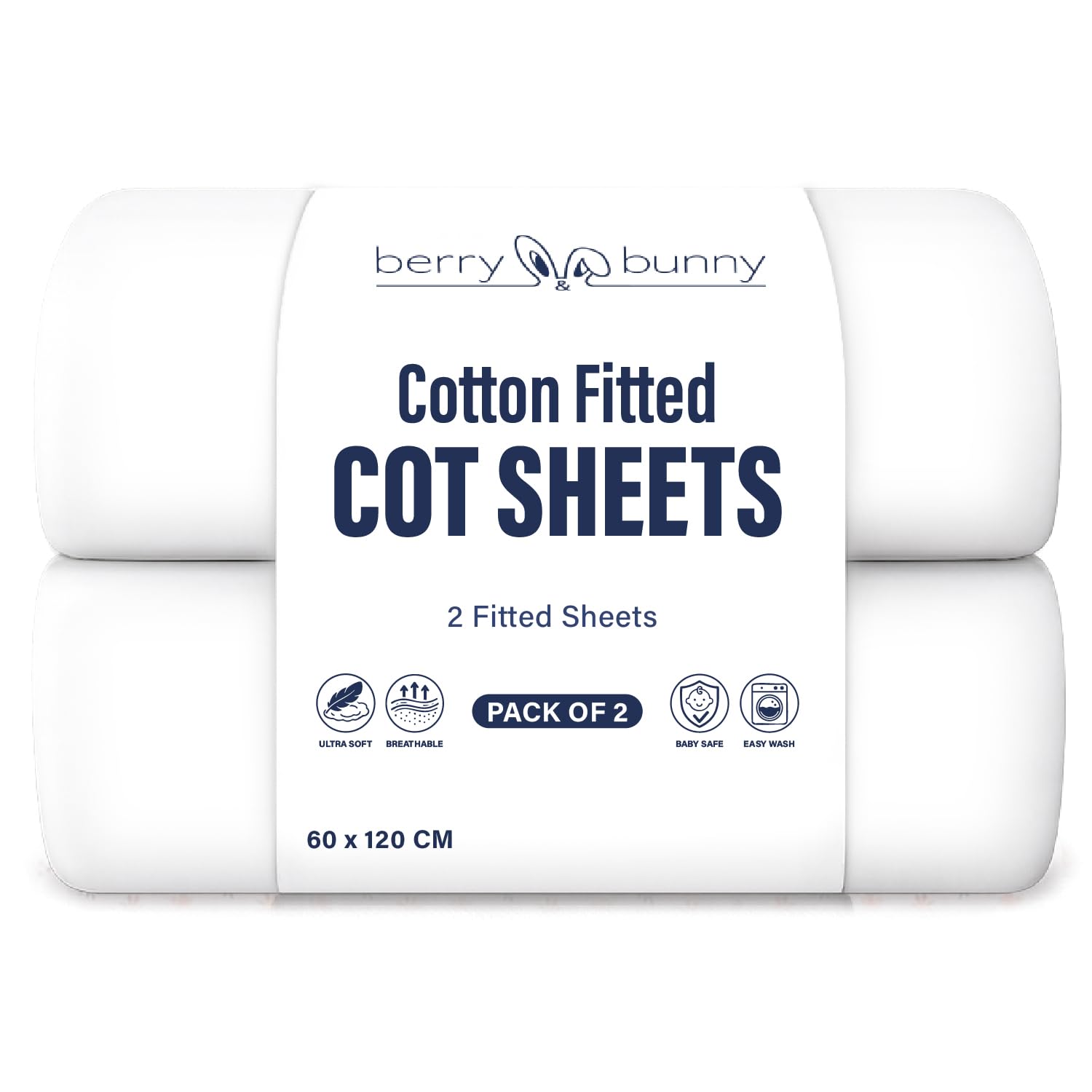 Berry & Bunny Men's White + White Berry And Bunny 100% Cotton Jersey Cot Bed Sheets Pack Of 2, Soft Breathable Baby Cot Sheets 120X60 Fitted, Elasticated Deep Fitted Sheet, Baby Bedding All Seasons