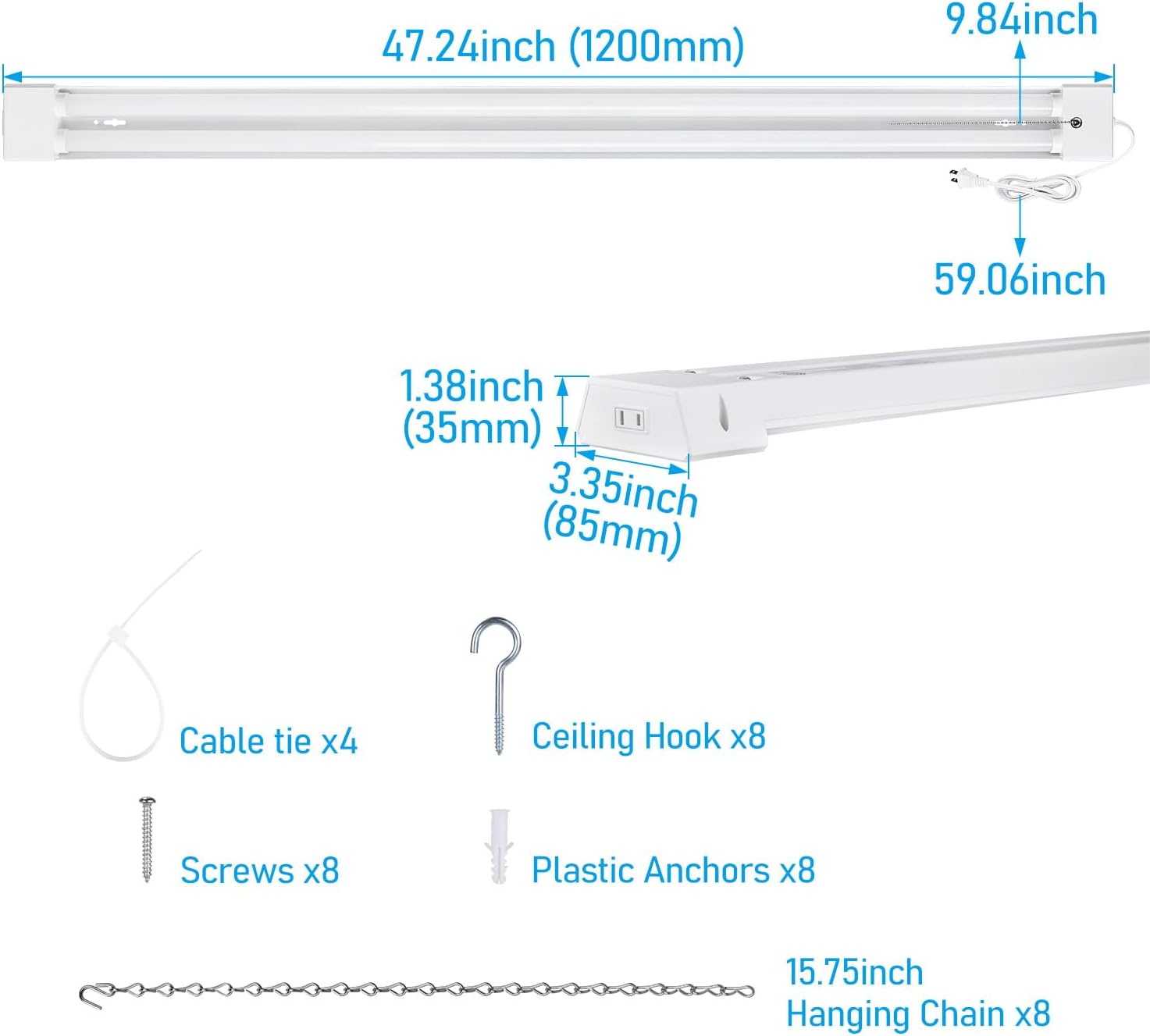 LEONLITE 4FT LED Shop Light, Linkable Utility ShopLights, 40W, 5000K Daylight for Garages, Workshops, Hanging or Flush Mount Linear Work Light Fixture with Power Cord with Pull Chain Switch, Pack of 4