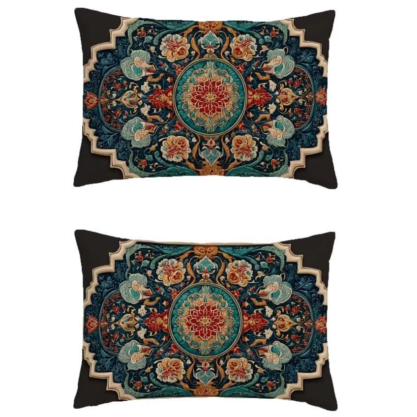 Cadeau décoration maison : housse coussin 60x80cm turquoise et rouge motif automne