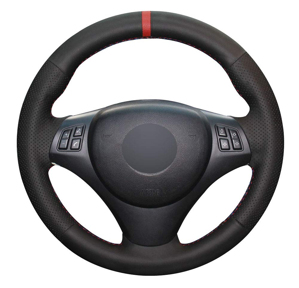 Eiseng DIY Sew Customized Steering Wheel Cover for 1 Series 2008-2013 E81 E82 E87 E88 / 2006-2011 3 Series E90 E91 E92 E93 / Black Breathable Interior Accessories (Leather+Red Mark)