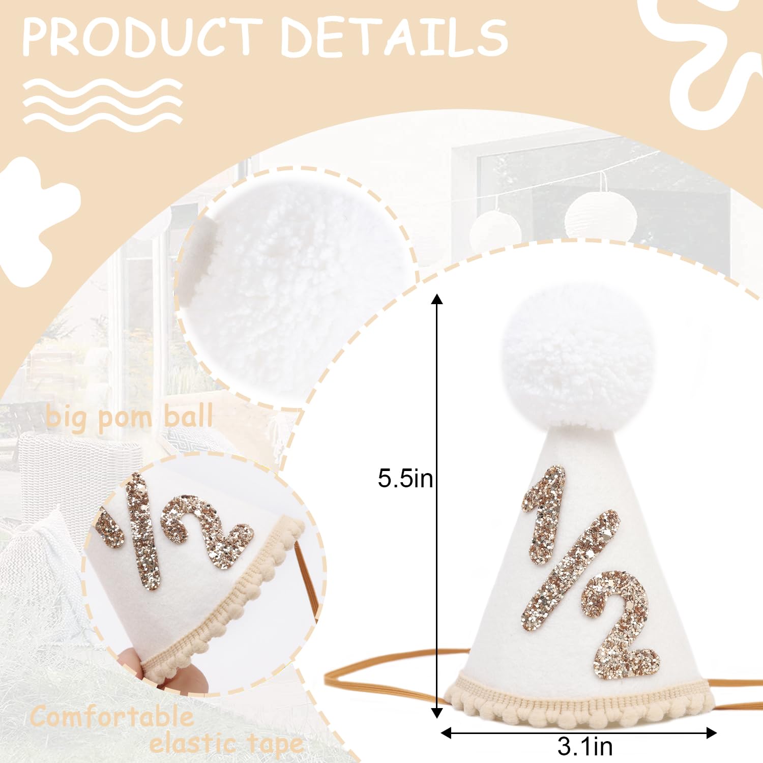 BEADED Girl/Boy 1/2 Birthday Hat - 6 Months Birthday Decorations,1/2 Way To One Decoration,1/2 Way To One Decoration (White)