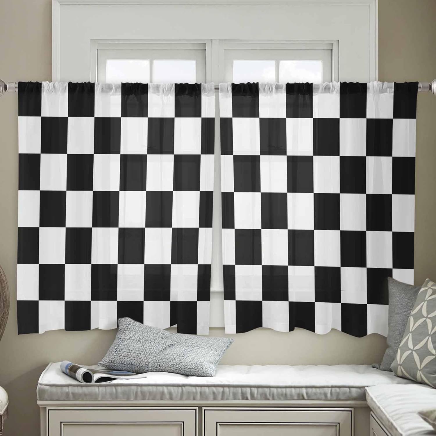 2 PCS Black White Semi-Sheer Curtains 45 Inches Long, Checkered Flag Geometric Plaid Short Rod Pocket Voile Panels, Buffalo Plaid Window Drape Chiffon Fabric Sheer Curtains for Living Room Bedroom