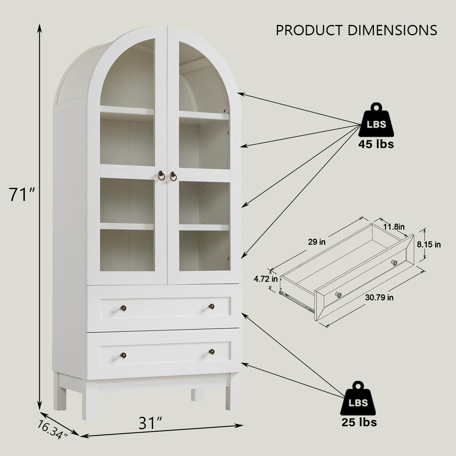 IFGET Armoire de rangement polyvalente en bois avec 2 grands tiroirs et étagères réglables, style rustique moderne pour cuisine, salle à manger, salle de bain, 180,3 cm de haut, blanc
