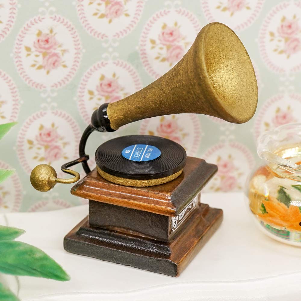 Odoria Miniature Gramophone 1/12 – Accessoire Maison De Poupée En Bois Et Métal, Détails Réalistes