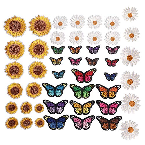 Embroidered Flowers Iron on Patches for Clothing,48PCS Sew on Sunflower Daisy Butterfly Applique for Clothes Dress Plant Hat Jeans (Assorted, 48PCS)