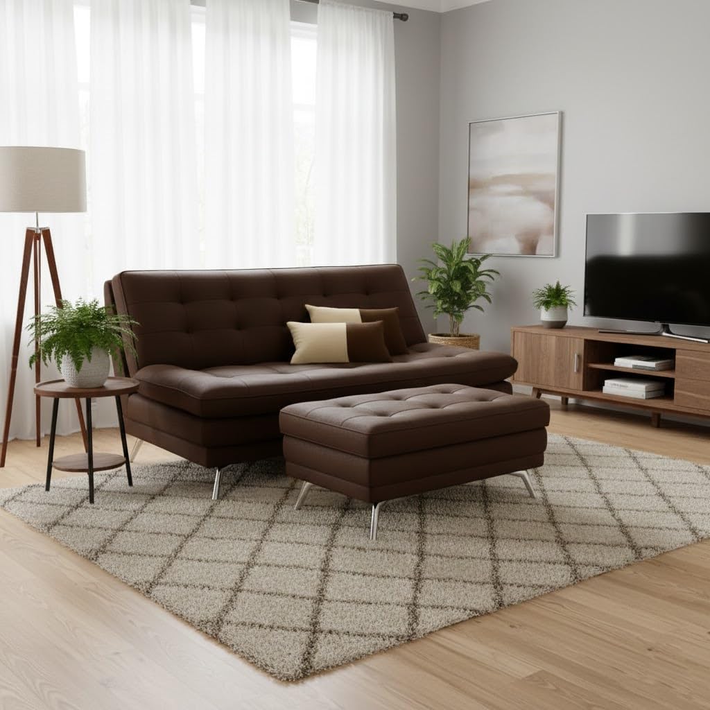 FURNY Supersoft 3 Seater Leatherette Sofa Cum Bed with Ottoman (Dark Brown) Premium Finish with Extra 2 Cushions | Ideal for Living Rooms, Bedrooms, Offices