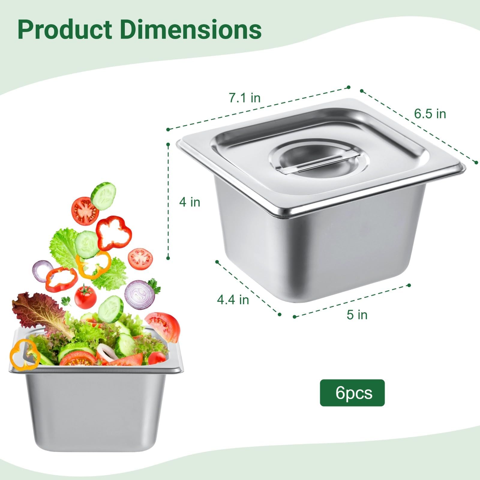 Varku 6 padelle per hotel in acciaio inox, dimensioni 1/6 padelle profonde 10 cm con coperchio, padelle per catering con coperchio, padelle per il vapore, contenitori impilabili (argento, 6 pezzi)